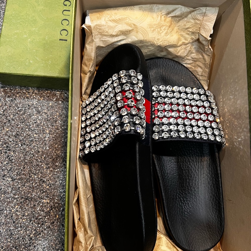 Gucci Black and Red Crystal Slide Sandals